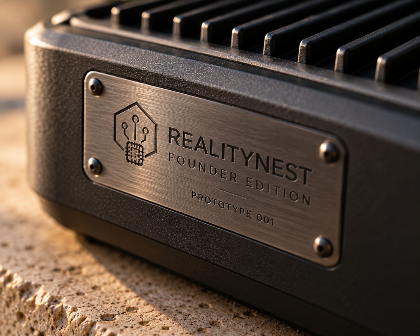 RealityNest Founder Edition badge on the prototype enclosure