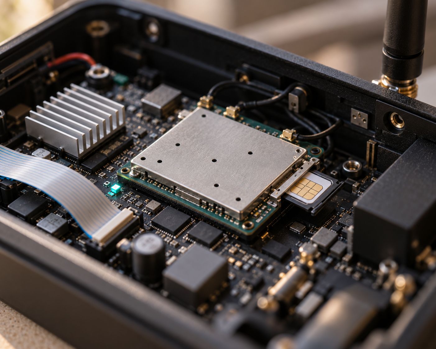 Macro of the RealityNest board with LTE modem, SIM tray and heatsink