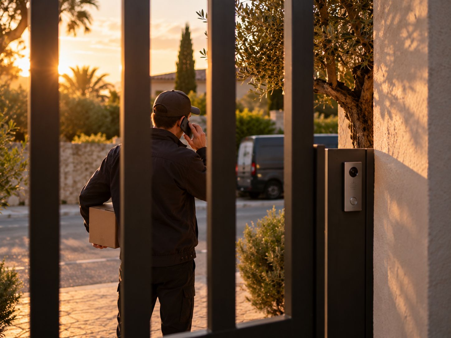 A courier on the phone at the gate