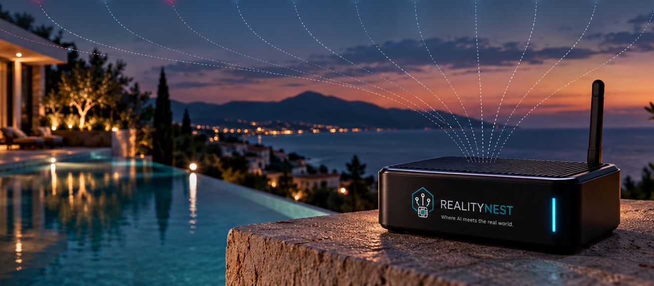 Modern home at dusk with a RealityNest node on the terrace wall