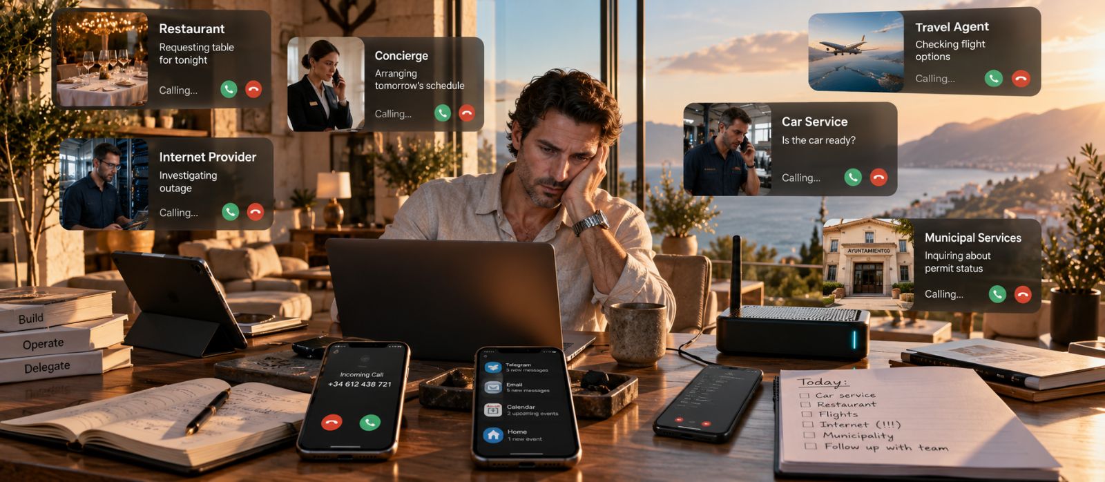 A man at his desk surrounded by calls he still has to make himself