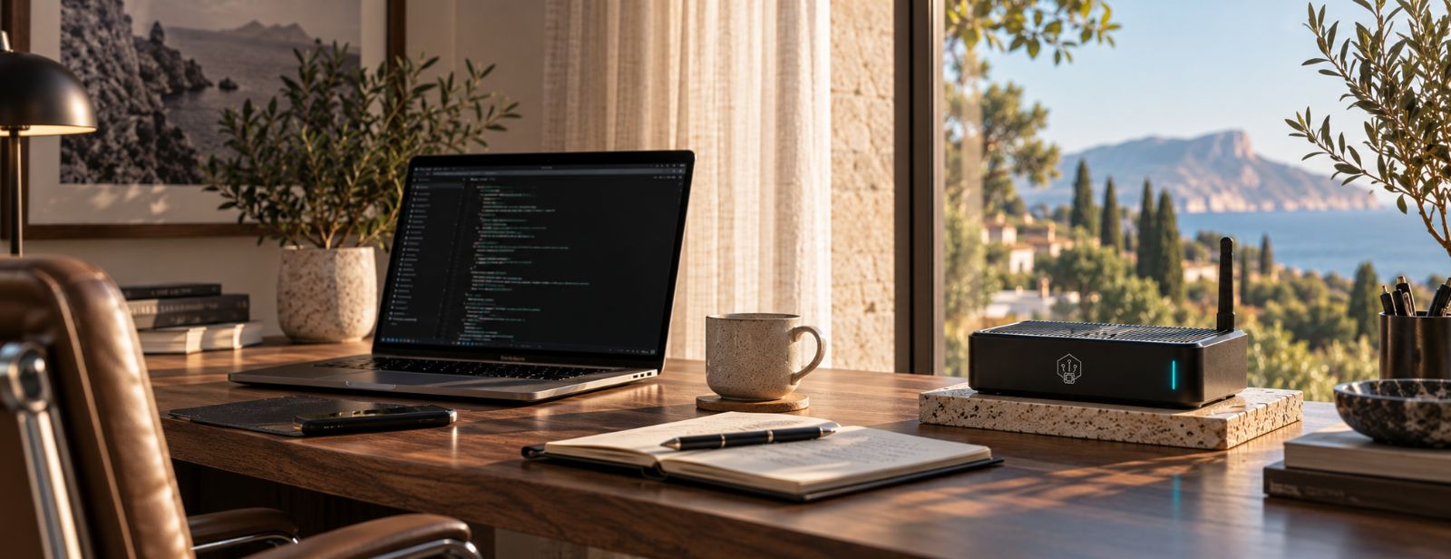 A quiet desk in a Mediterranean home office — laptop, notebook and the RealityNest node handling the calls